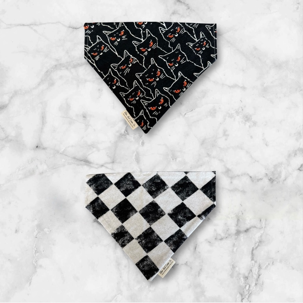 DOG Bandana - Black Cats & Checkered (Reversible) - Halloween - Size L Large